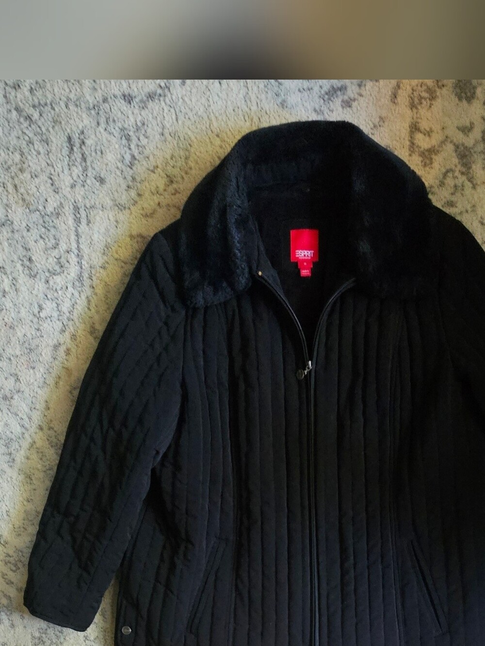 ESPRIT Outerwear Quilted Coat Lined Full Zip Jacket Faux Fur Collar Black 2x